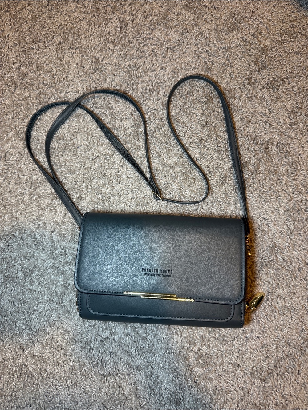 Forever Young Grey Slim Crossbody Wallet with Gold Accent
